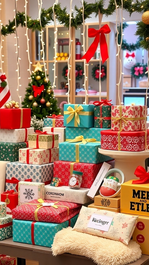 A festive display of Christmas gifts in colorful wrapping, including personalized items and cozy blankets.
